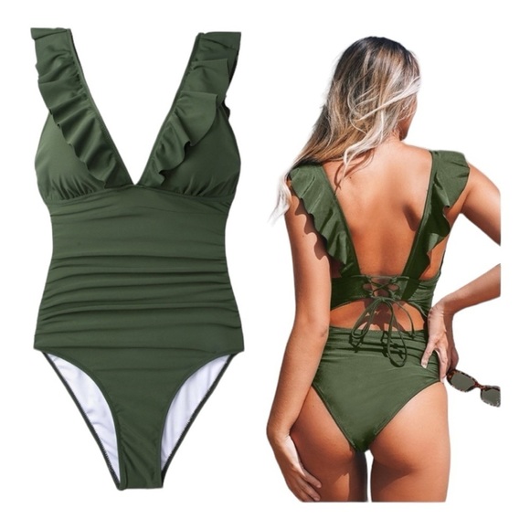 CUPSHE Women's One Piece Army Green Ruffled Lace Up V Neck Monokini Swimsuit - Picture 4 of 12